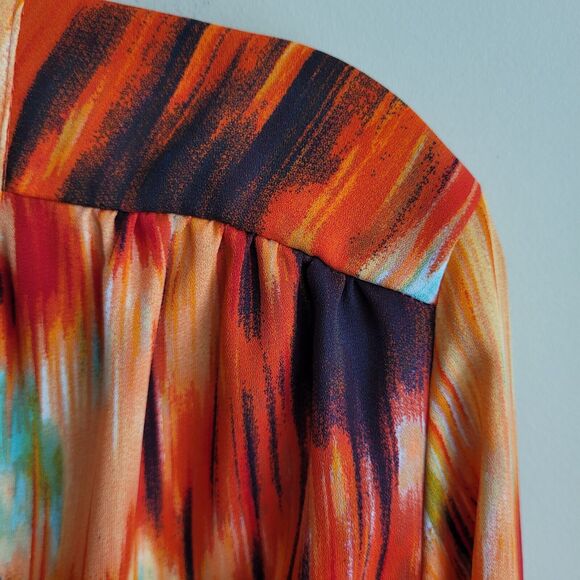 Zac & Rachel Womens Blouse Size XL Orange Abstract Roll Tab Sleeve Office Career - Picture 3 of 11